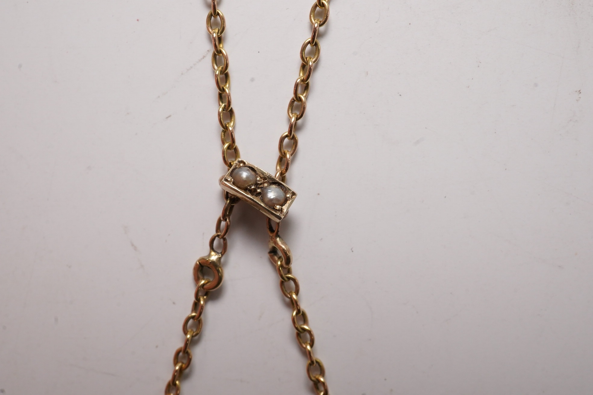 An Edwardian 9ct and gem set drop pendant necklace, pendant 43mm, chain tangled Condition - poor to fair
